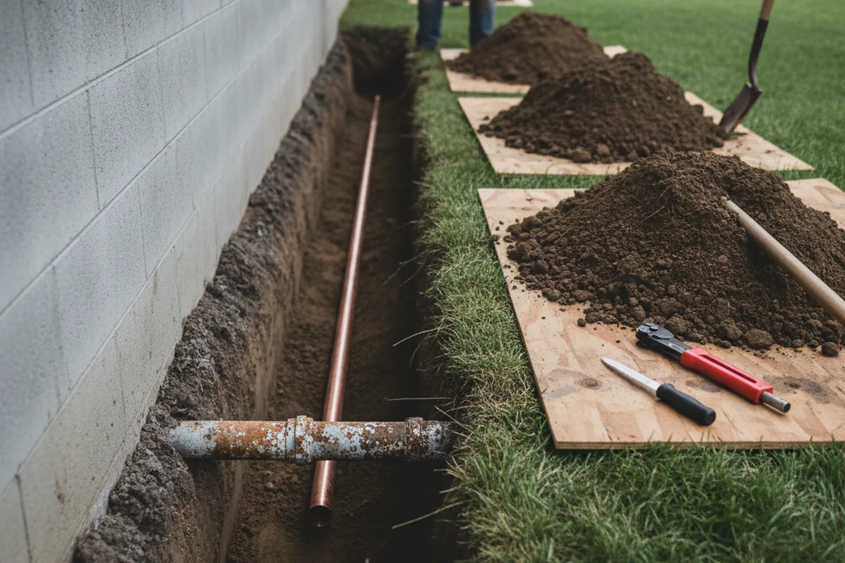 Excavated water line trench during Sewer Line Repair in Douds